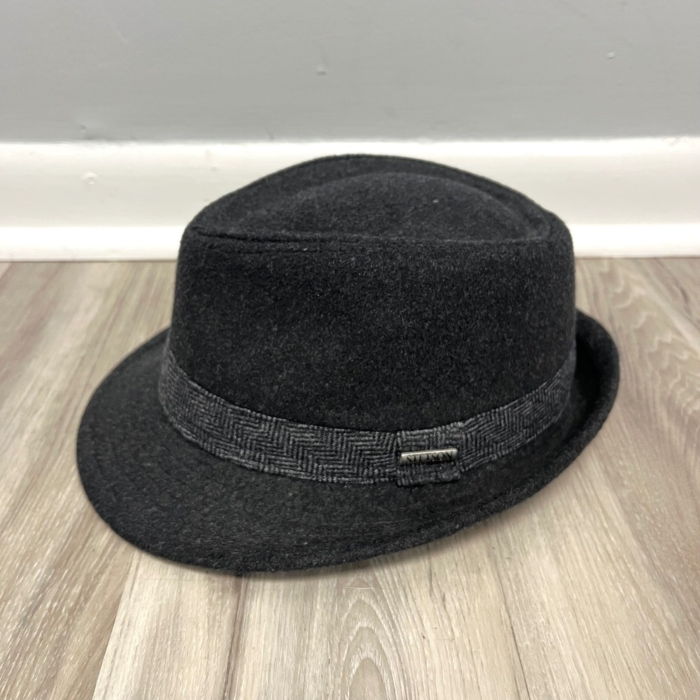 Stetson Hat Men's Medium Charcoal Grey Wool Blend Herringbone Band Fedora